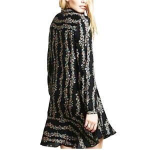 Free People Black Boho Floral Button Front Long Sleeve Dress XS‎